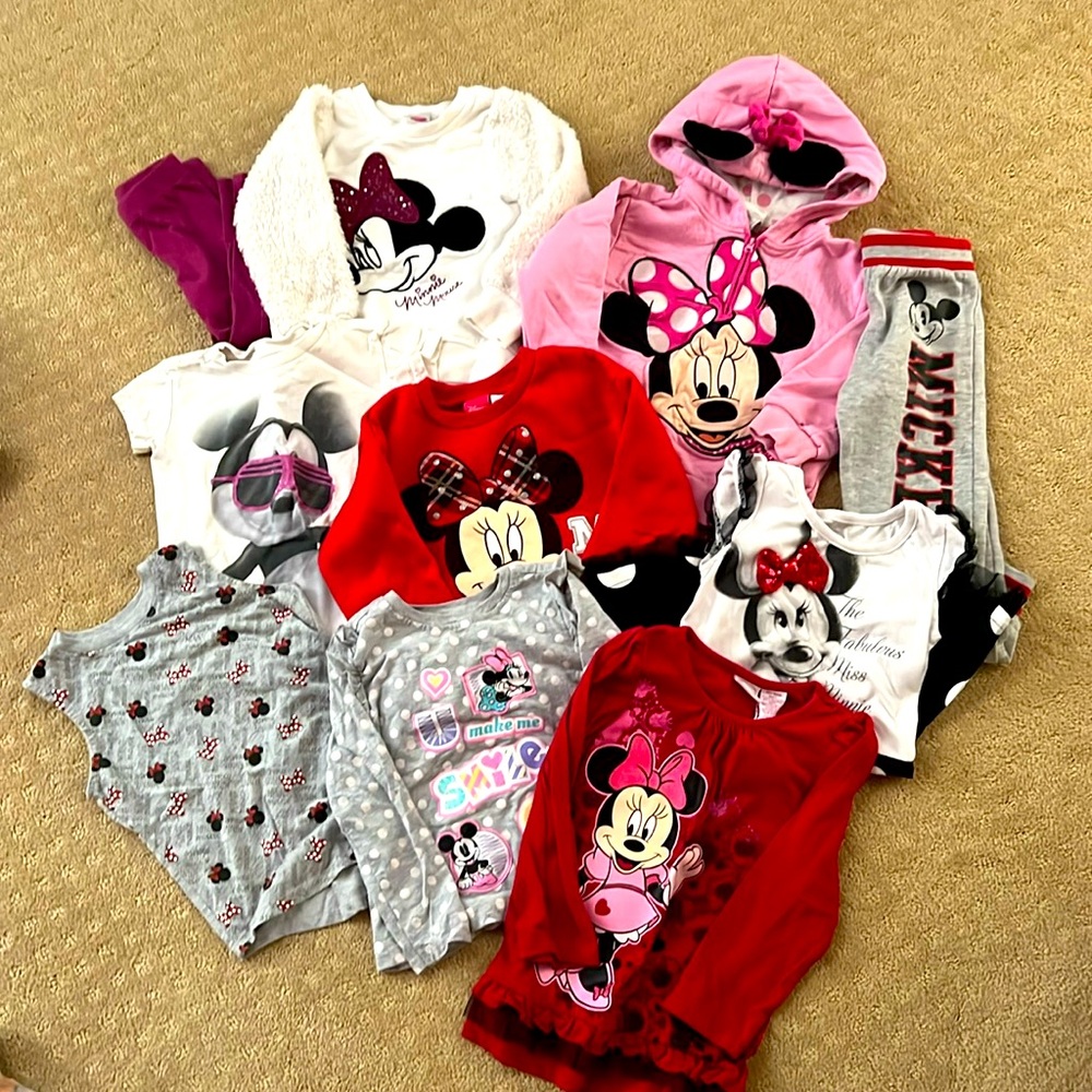 Toddler Girls 3T. Minnie and Mickey Mouse sweaters, shirts, pants. Bundle of 10.